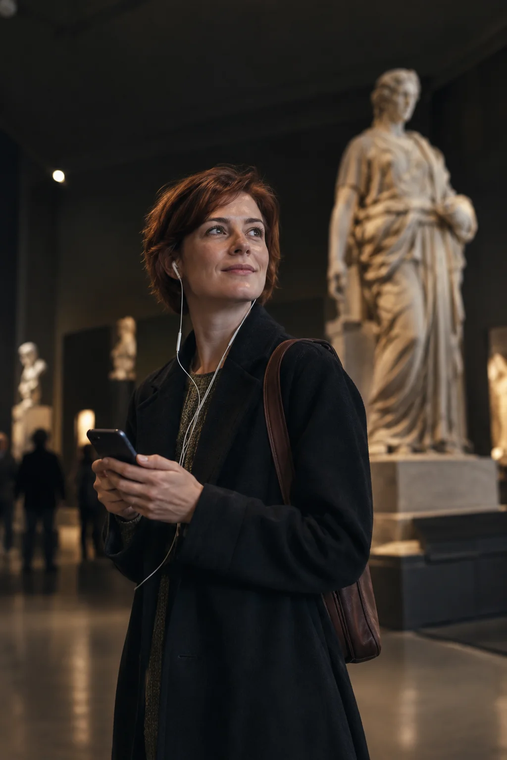 Someone listening to a history story on their phone in a museum gallery